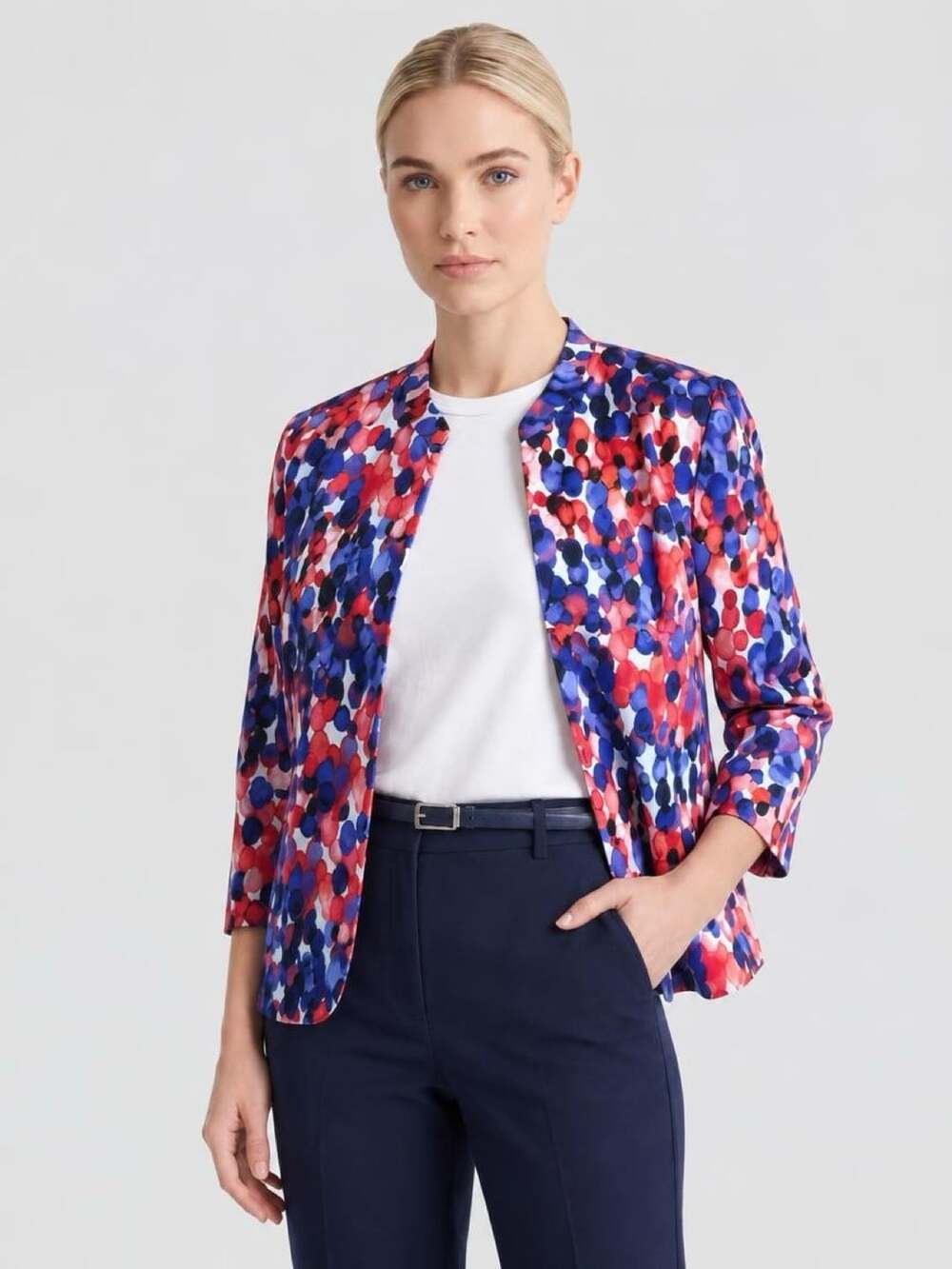 Kasper Open Front Blazer Jacket Size 6P Multi Red Blue Dotted